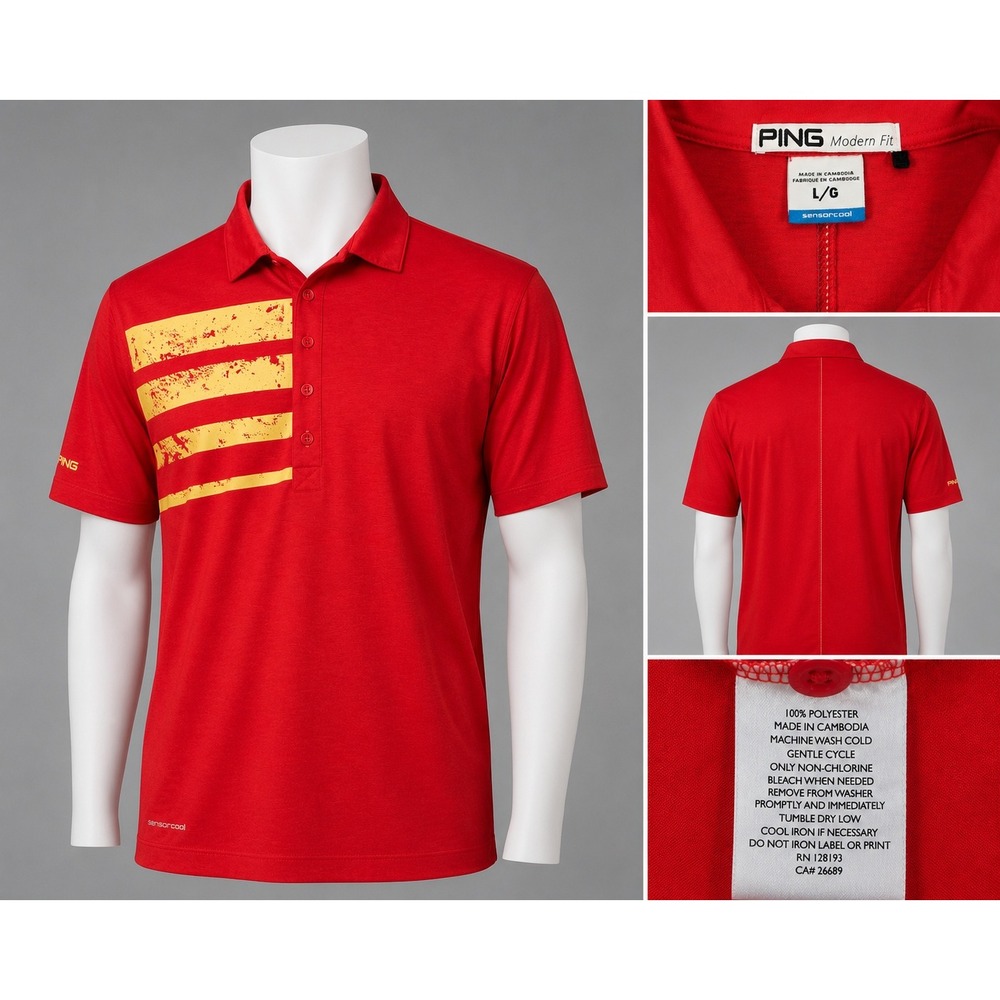 PING Golf Polo Men Large Red Excellent Tumbled Sensorcool Stripe‎ 14S1153